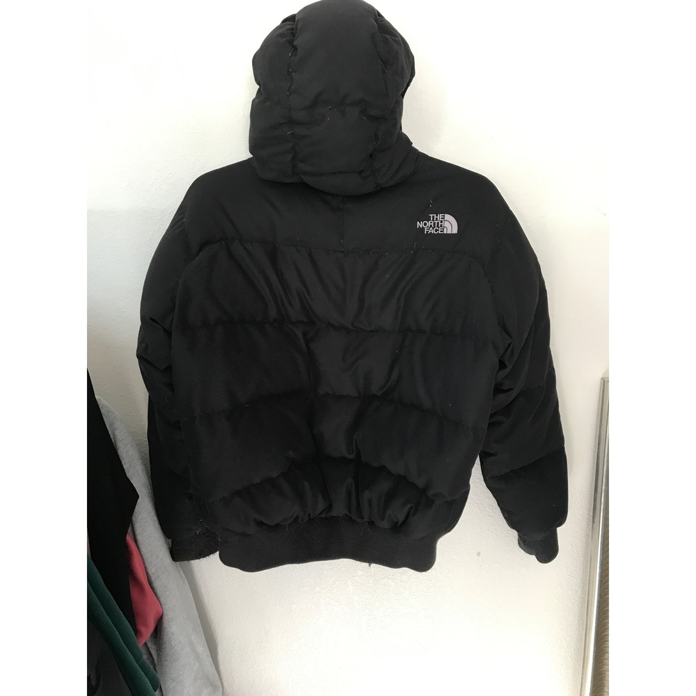 The North Face 550 Down Puffer Jacket Black Hooded Bomber Flawed - Picture 2 of 11